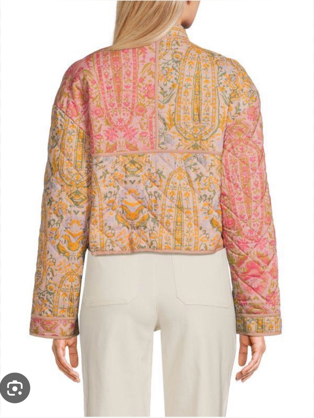 7 For All Mankind Pink and Gold Floral Cropped Quilted Bomber Jacket - Picture 6 of 6